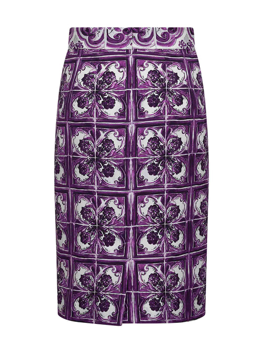 Maiolica print stretch silk skirt