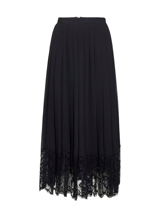 Black chiffon and lace pleated midi skirt