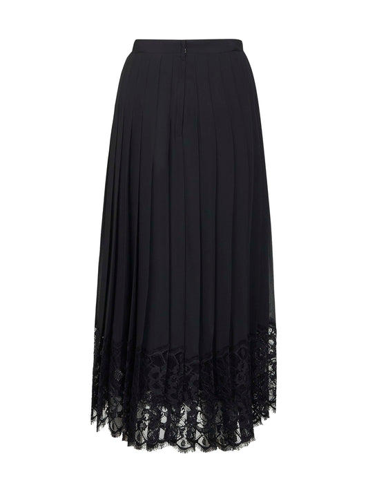 Black chiffon and lace pleated midi skirt