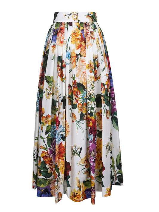 White cotton bouquet flower print long skirt