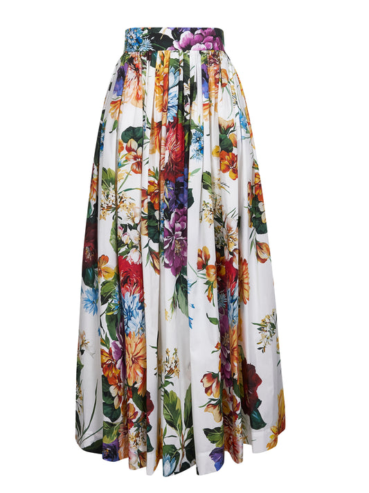White cotton bouquet flower print long skirt