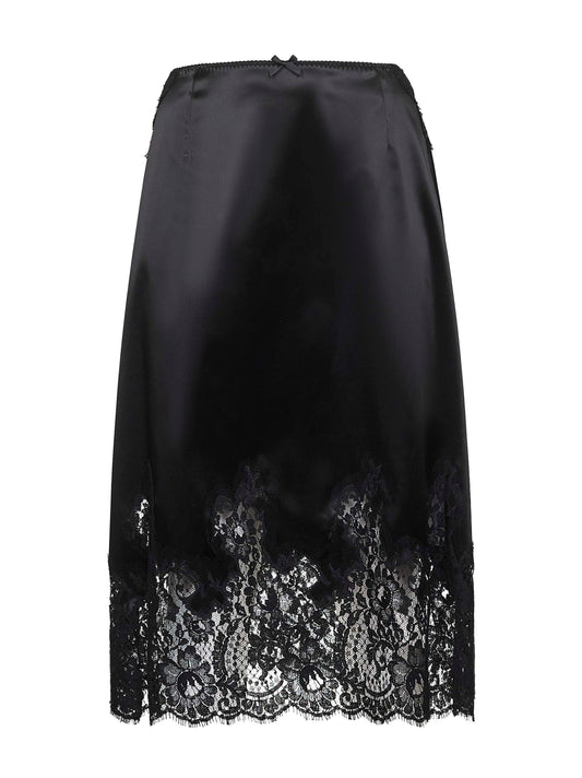 Black satin and lace mid calf-lenght skirt
