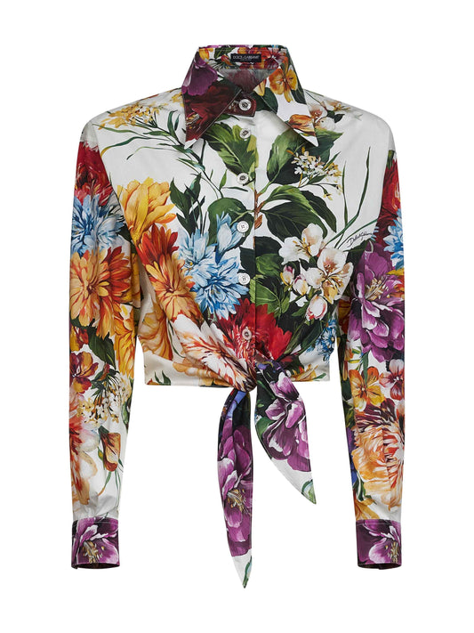 Bouquet flower print poplin tied shirt