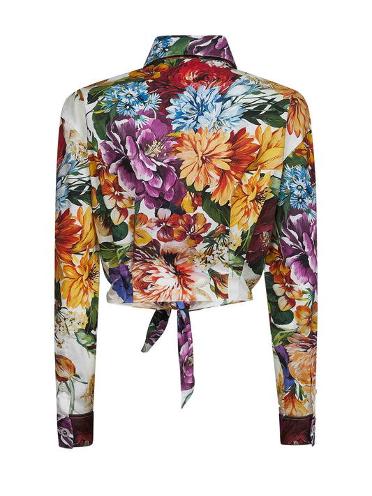 Bouquet flower print poplin tied shirt