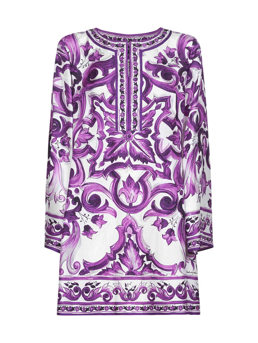 Maiolica print twill mini dress