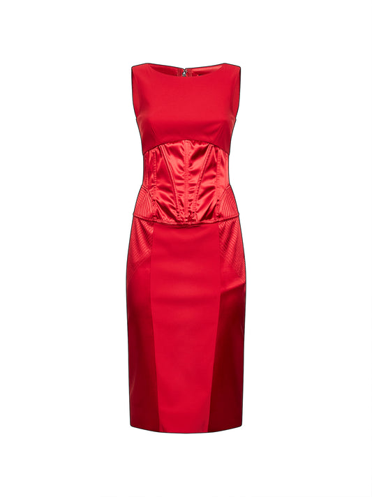 Abito longuette in raso e cady rosso