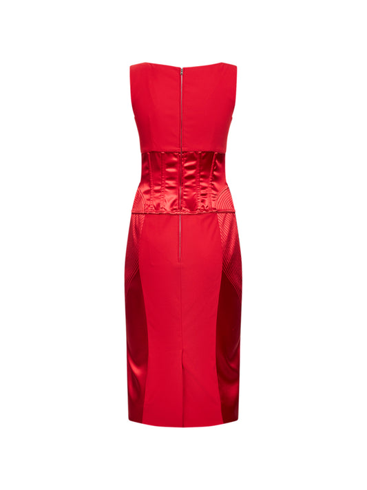 Abito longuette in raso e cady rosso