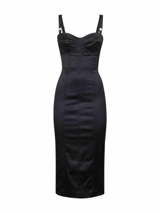 Black satin calf-lenght bustier dress