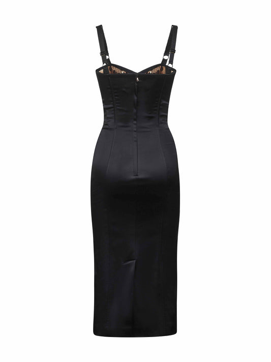 Black satin calf-lenght bustier dress