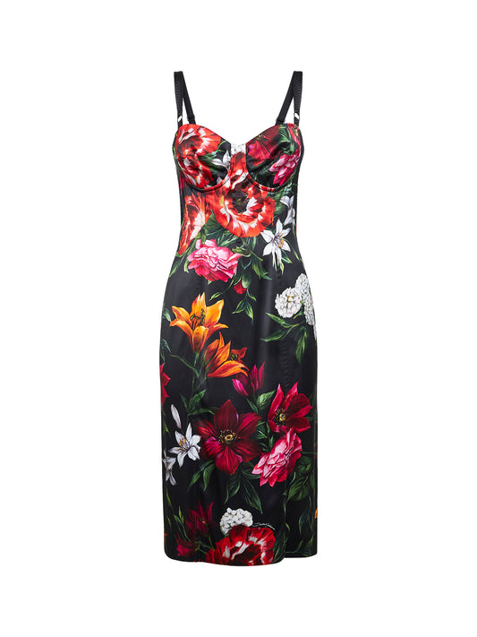 Abito longuette in raso stretch stampa fiori