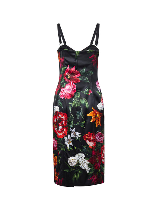 Abito longuette in raso stretch stampa fiori