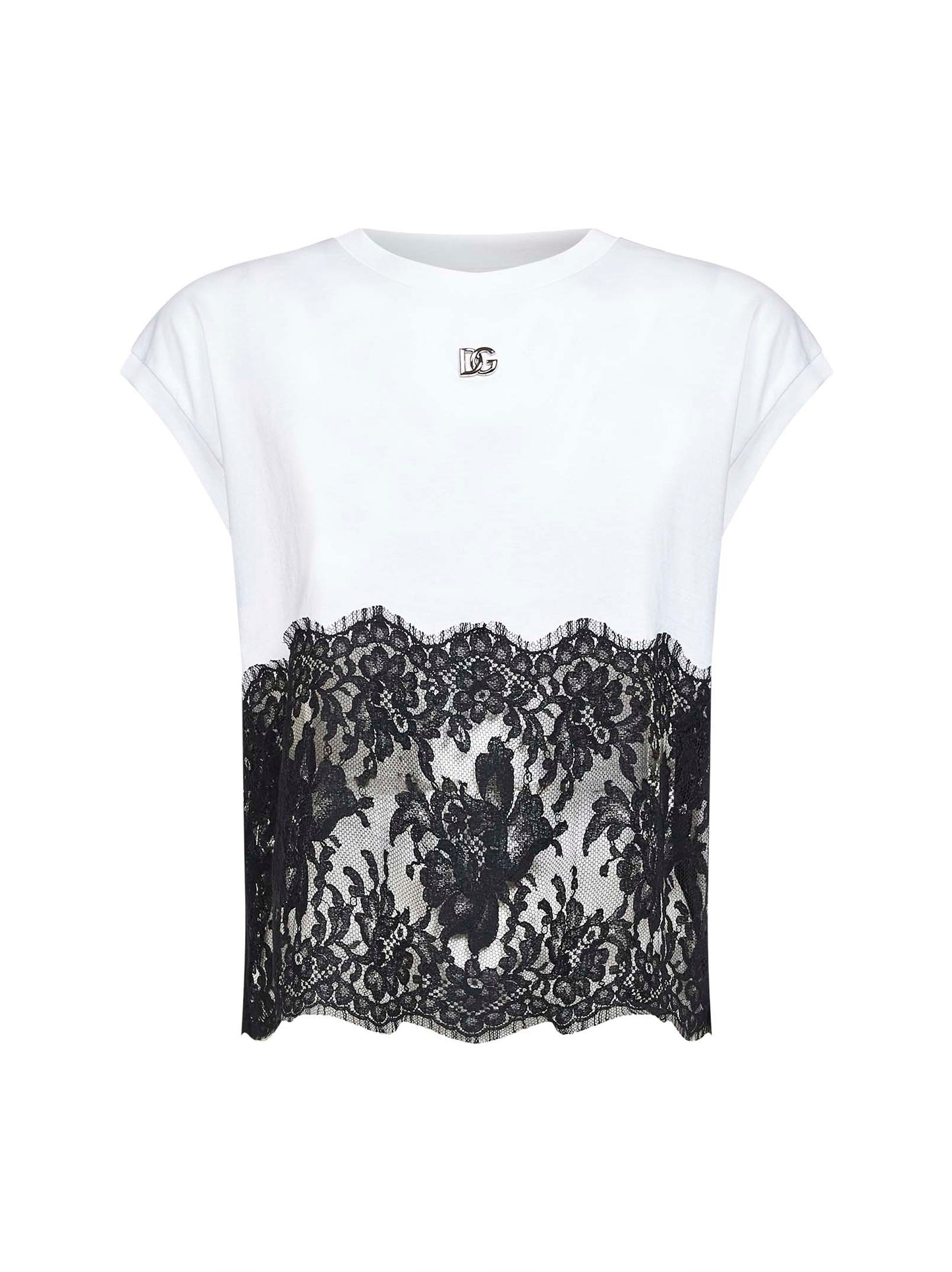 White jersey T-shirt with lace detail