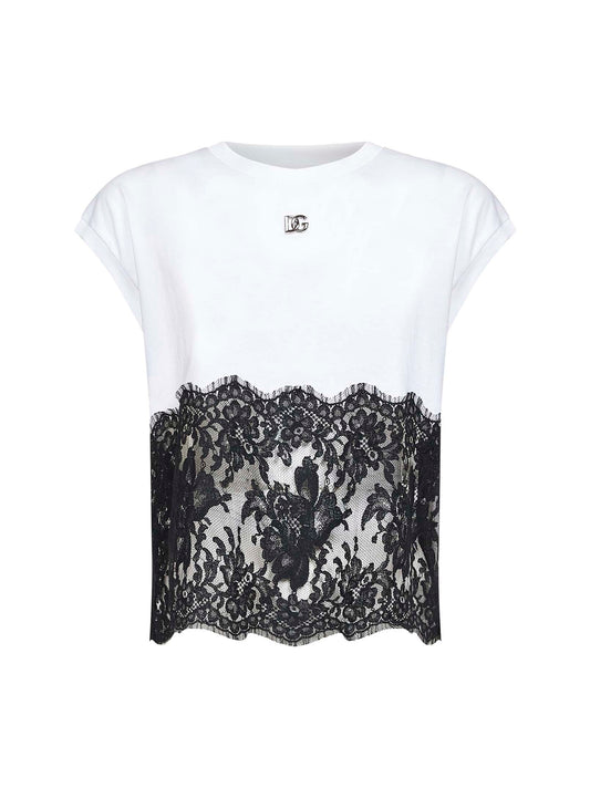 White jersey T-shirt with lace detail