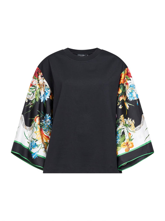 Black jersey T-shirt with printed scarf sleeve