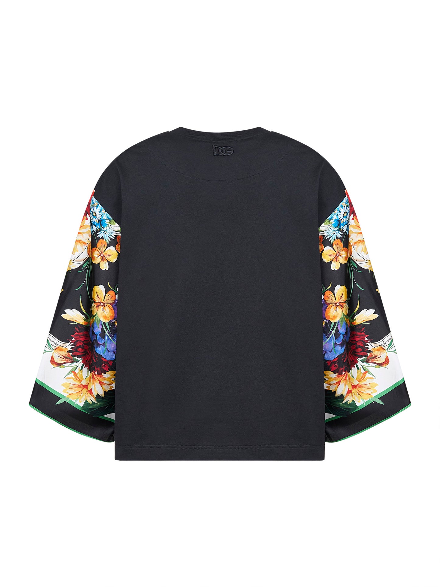 Black jersey T-shirt with printed scarf sleeve