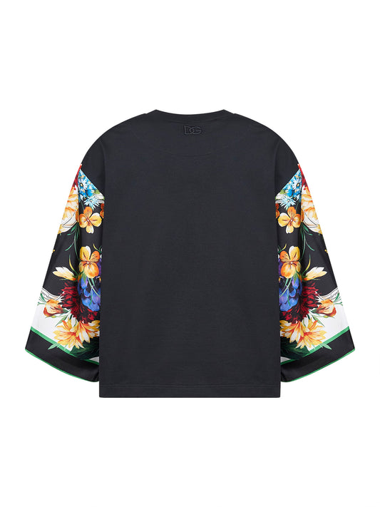 Black jersey T-shirt with printed scarf sleeve