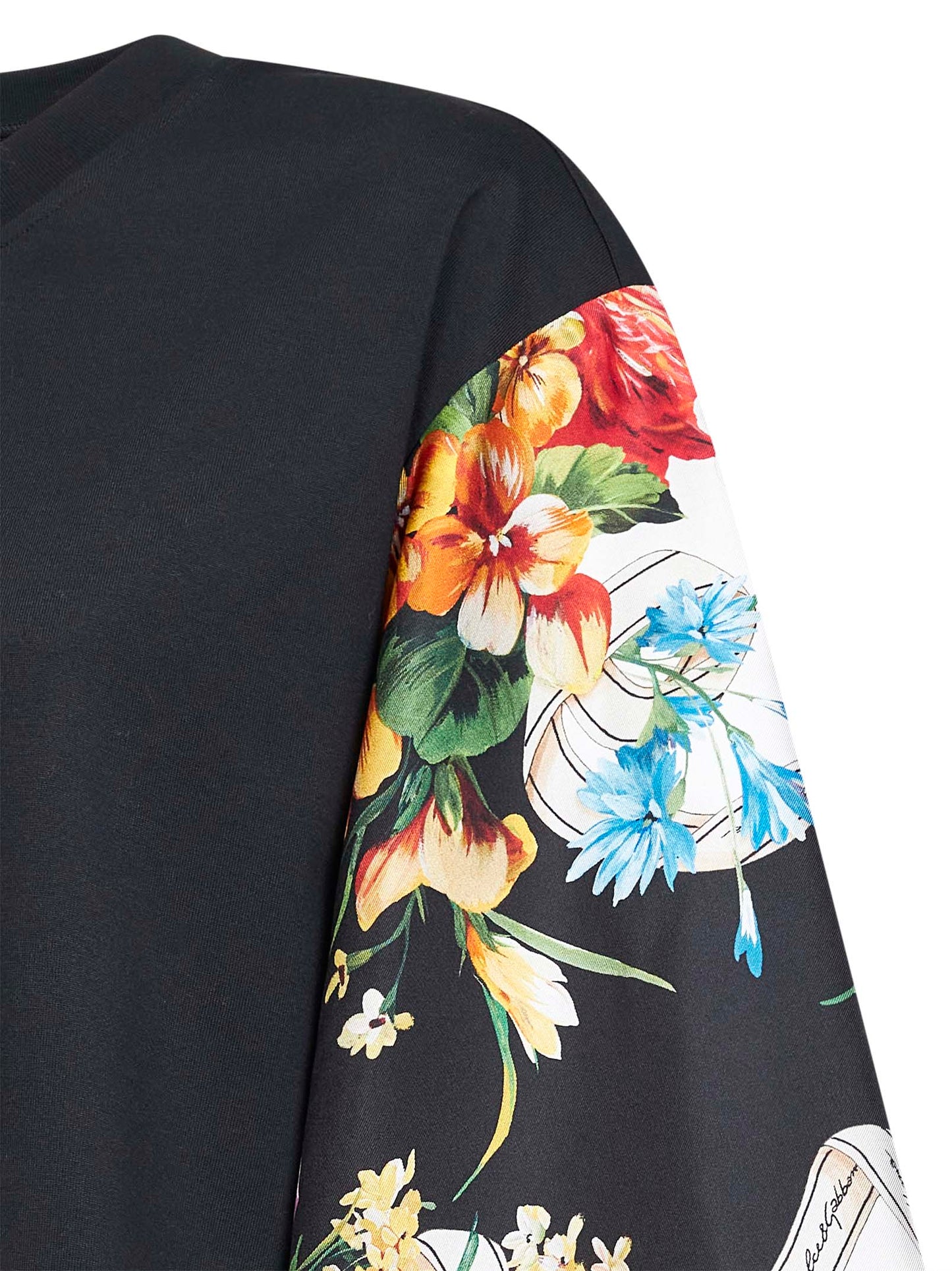 Black jersey T-shirt with printed scarf sleeve