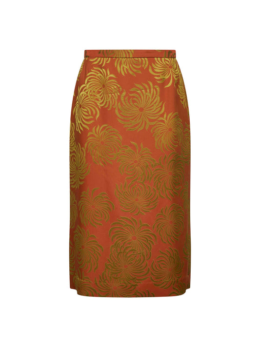 Orange jacquard viscose blend midi skirt