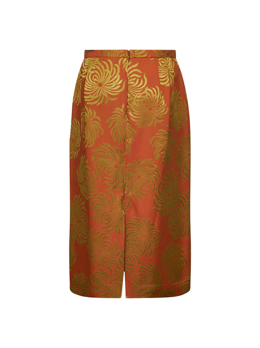 Orange jacquard viscose blend midi skirt