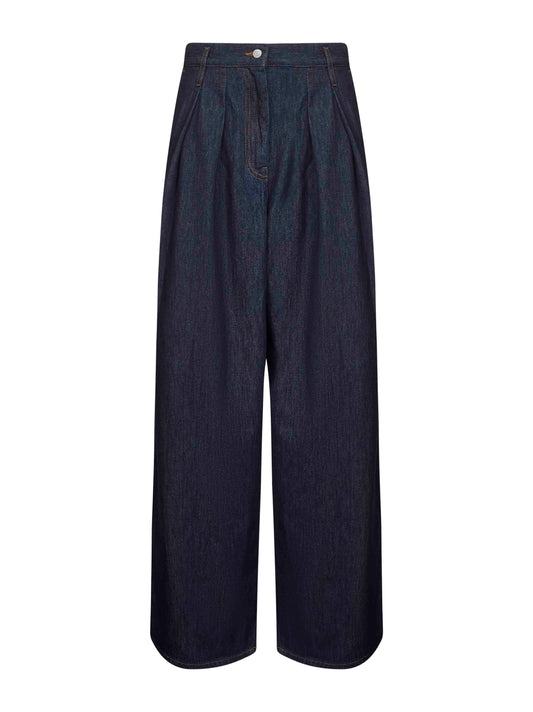 Jeans a gamba larga in denim con pinces<BR/>