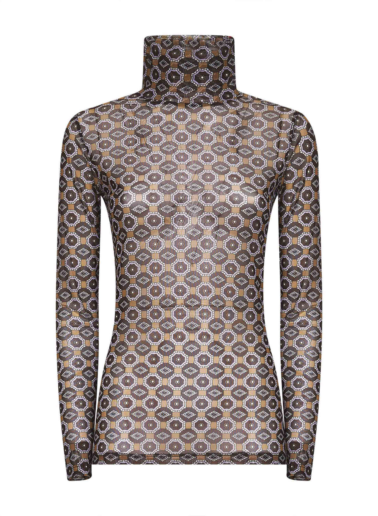 Brown Mini Tie print mesh top<BR/>