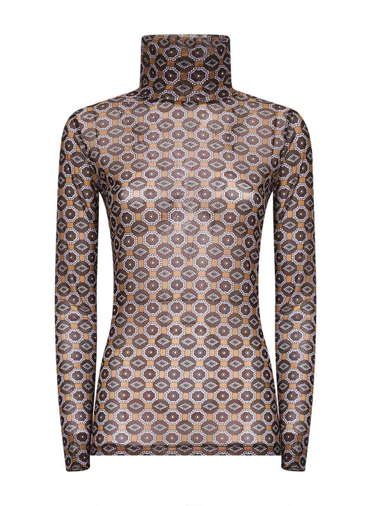Brown Mini Tie print mesh top<BR/>
