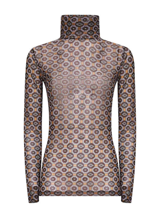 Brown Mini Tie print mesh top<BR/>