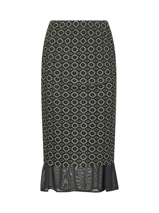 Green printed mesh layered midi skirt
