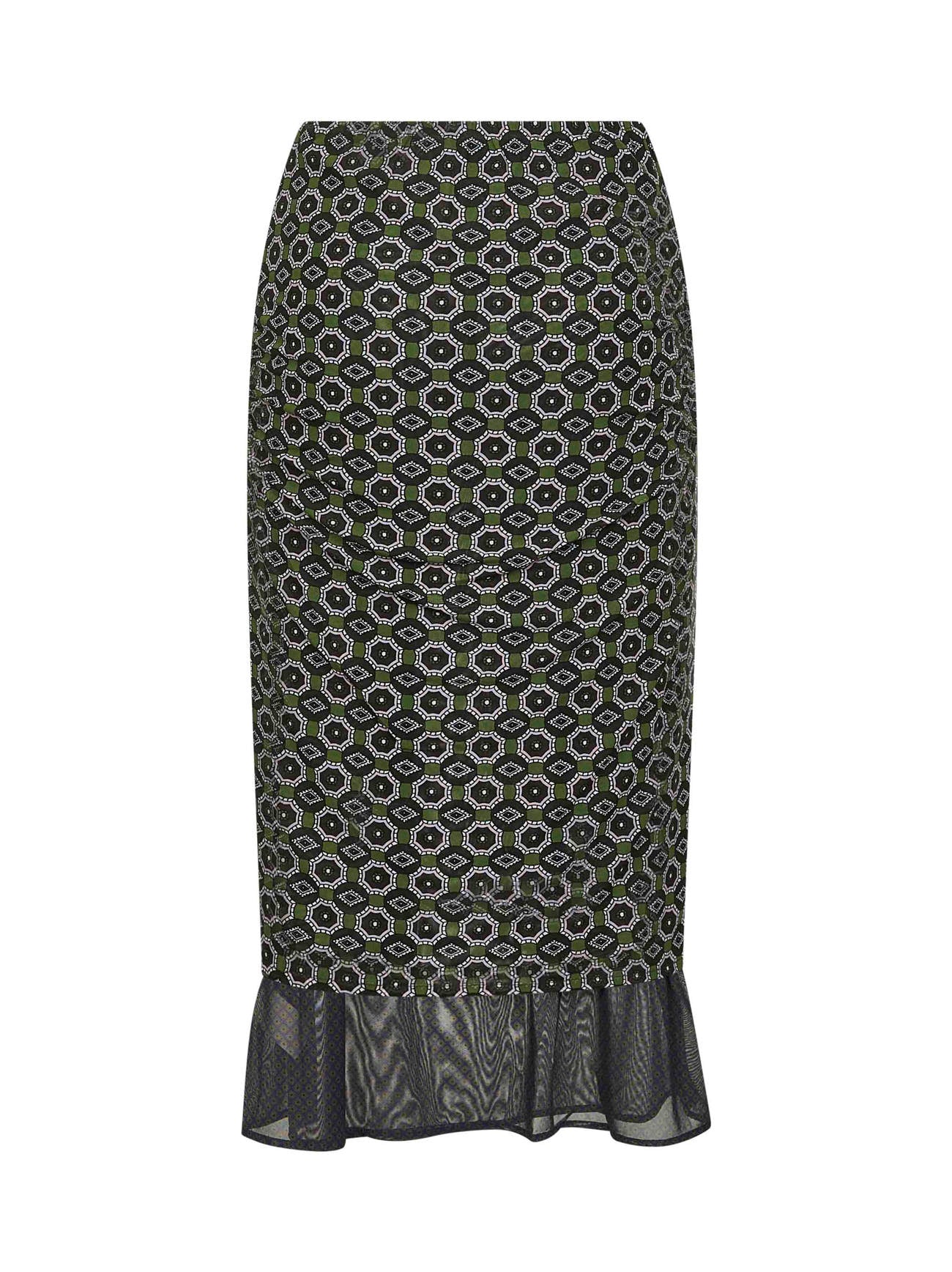 Green printed mesh layered midi skirt