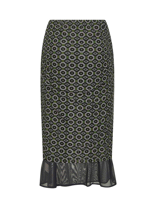 Green printed mesh layered midi skirt