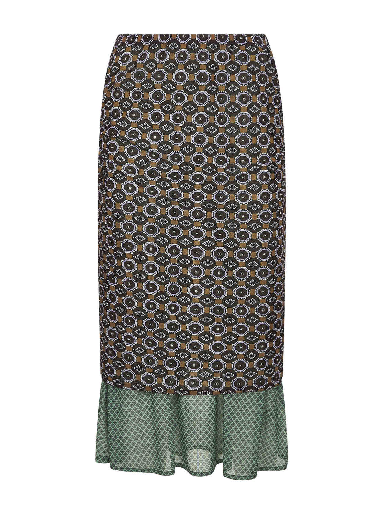 Brown printed mesh layered midi skirt