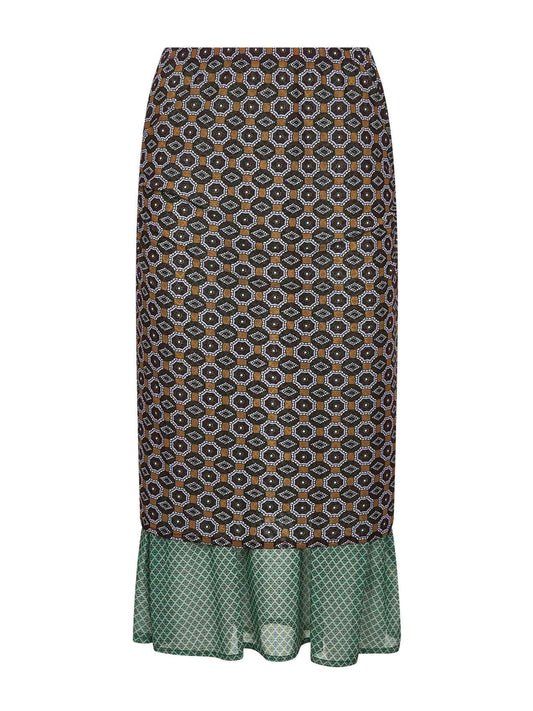 Brown printed mesh layered midi skirt