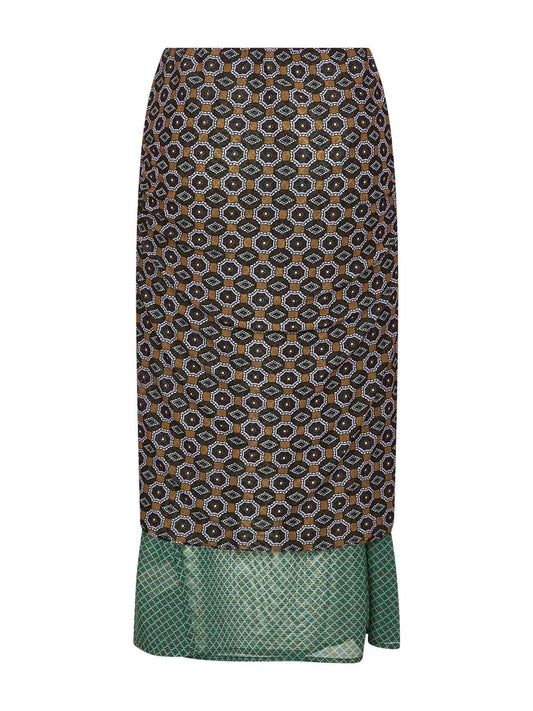 Brown printed mesh layered midi skirt