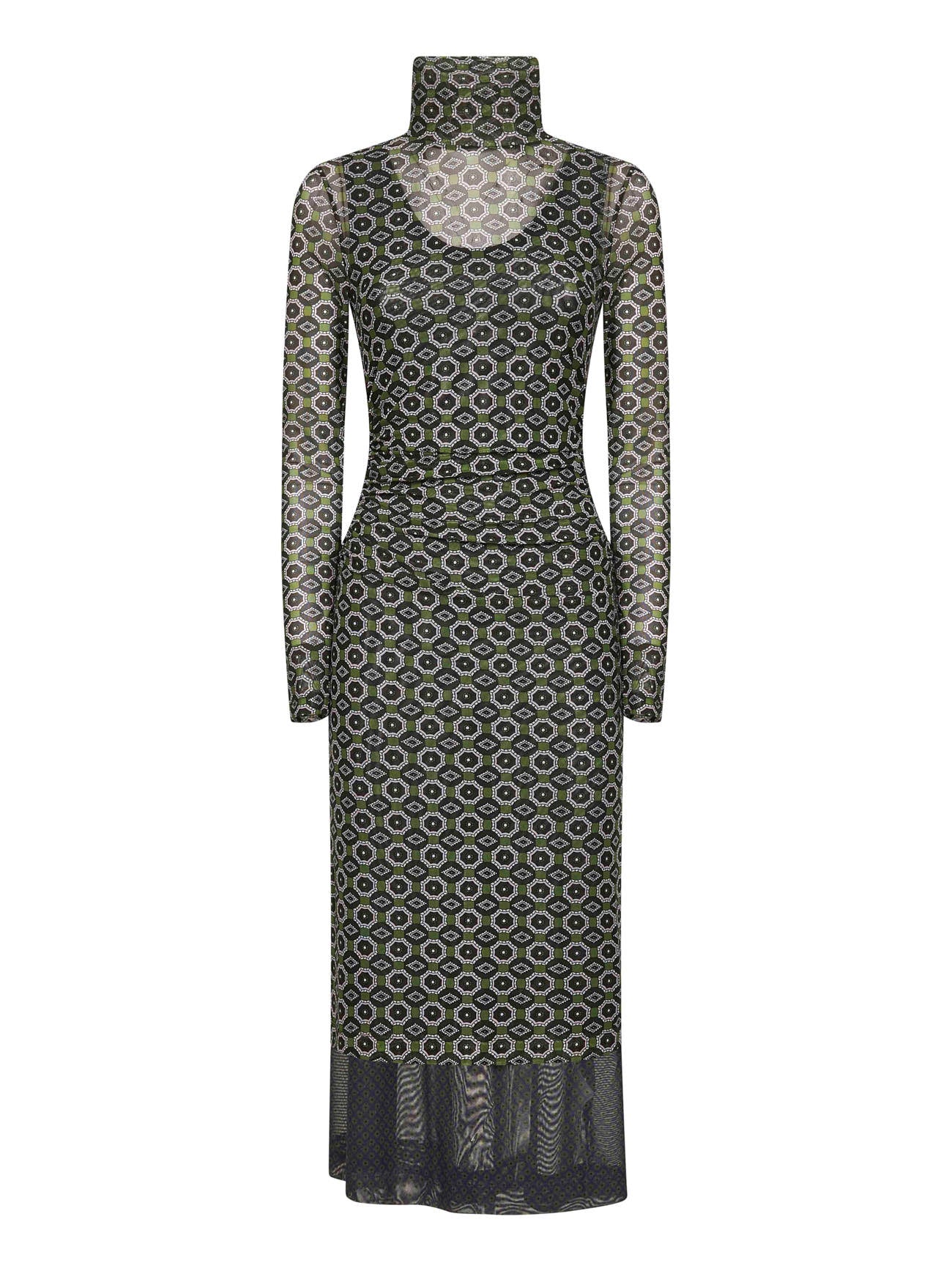 Green printed mesh layered midi dress