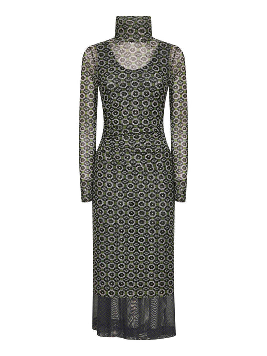 Green printed mesh layered midi dress