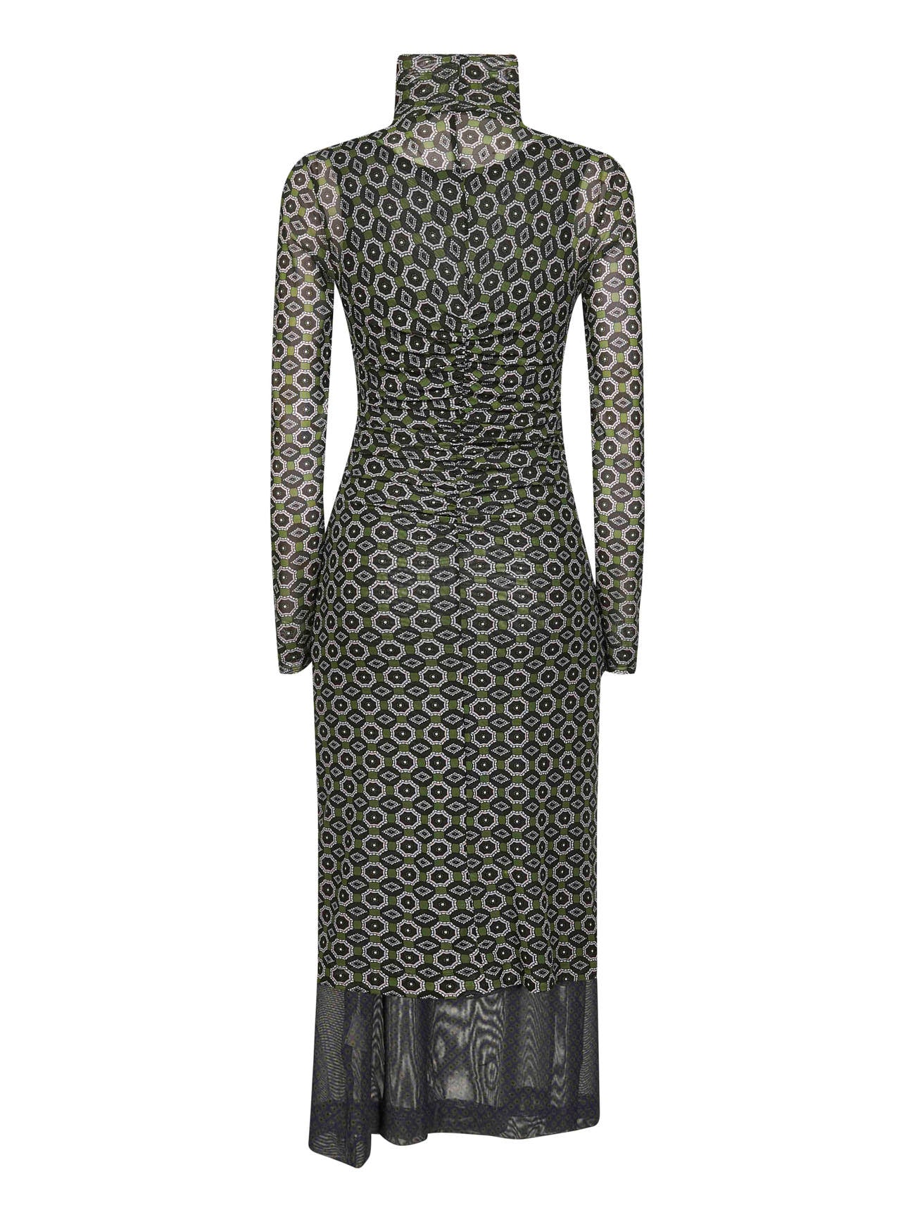 Green printed mesh layered midi dress