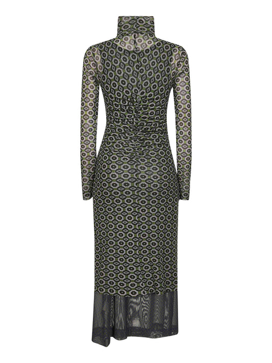 Green printed mesh layered midi dress