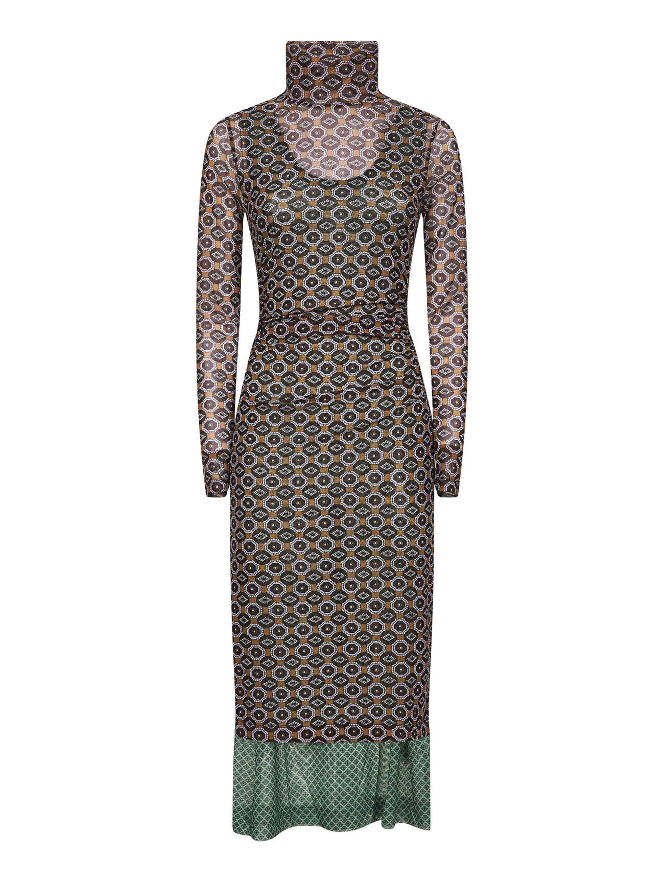 Brown printed mesh layered midi dress<BR/>