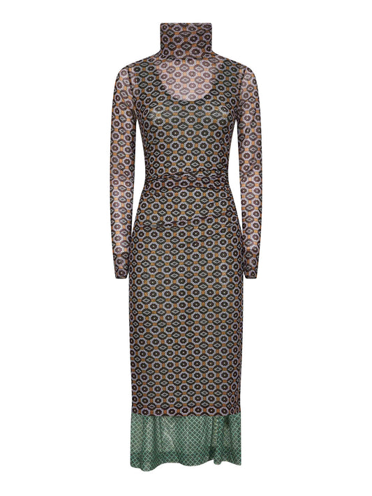 Brown printed mesh layered midi dress<BR/>