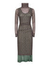 Brown printed mesh layered midi dress<BR/>