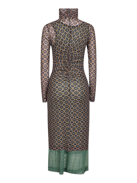 Brown printed mesh layered midi dress<BR/>