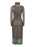 Brown printed mesh layered midi dress<BR/>