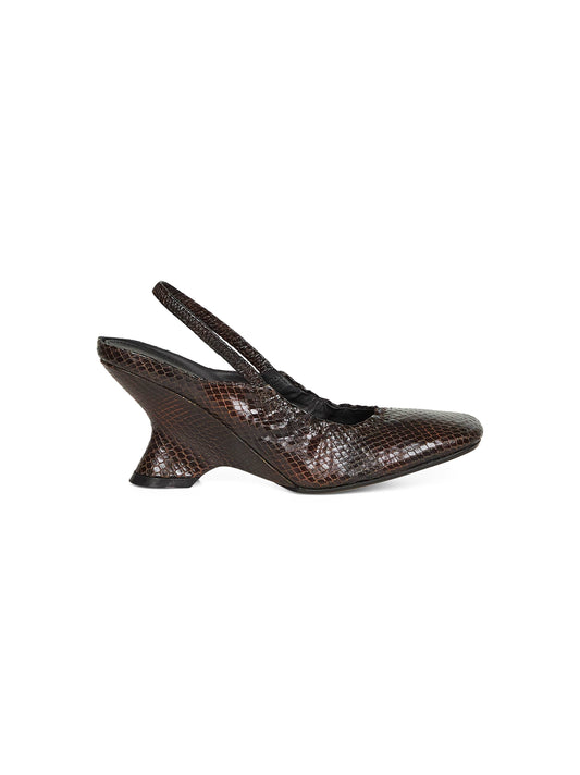 Brown lizard-embossed leather slingbacks