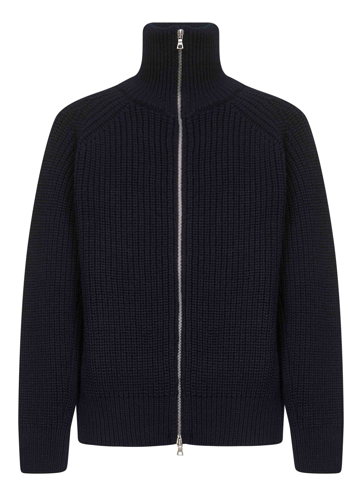 Black wool knit zip-up cardigan