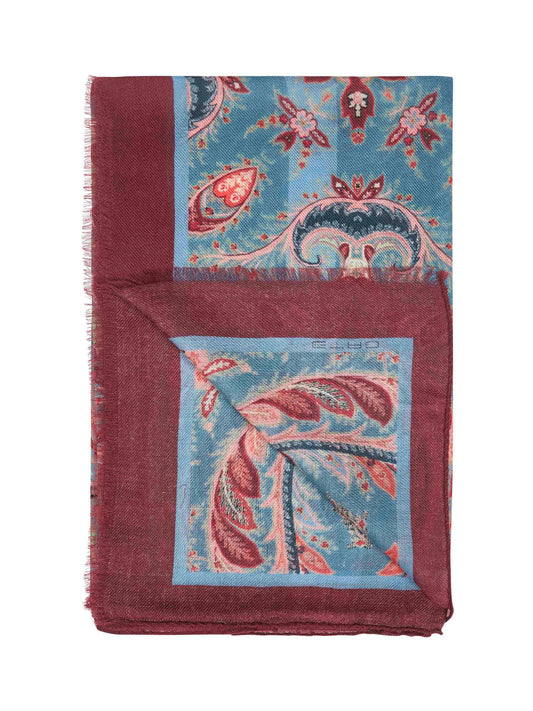 Light blue wool and cashmere blend printed scarf
