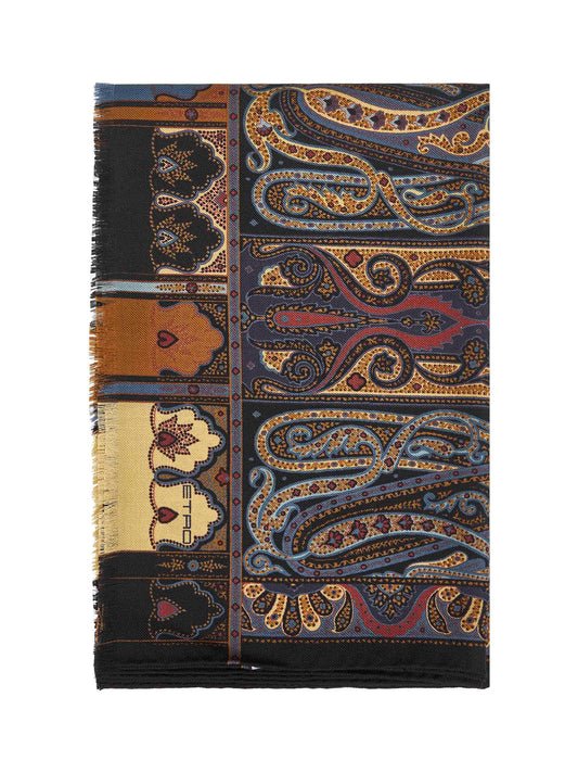 Black Paisley print wool and silk scarf