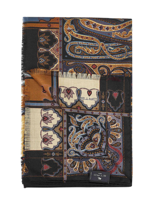 Black Paisley print wool and silk scarf