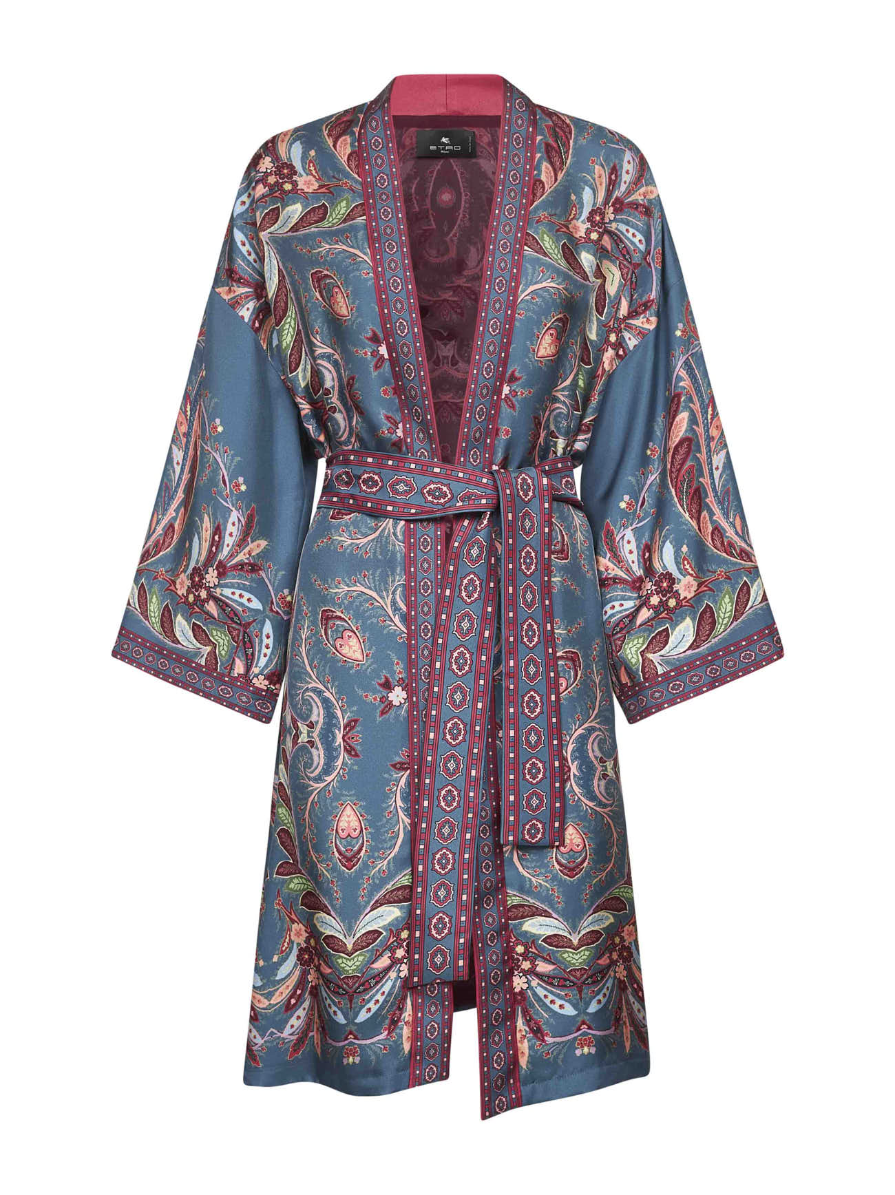 Blue printed silk twill long kesa