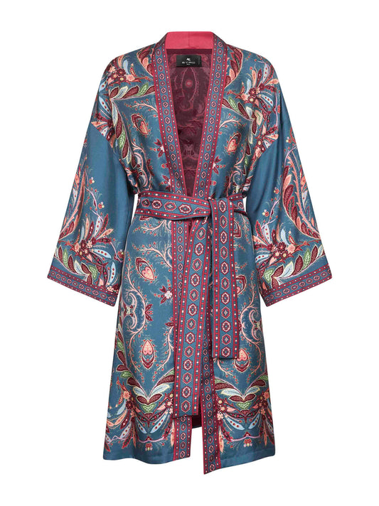 Blue printed silk twill long kesa