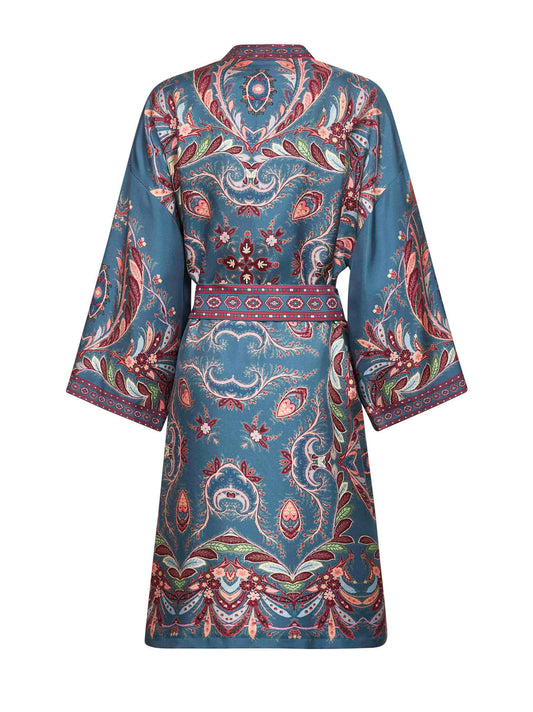 Blue printed silk twill long kesa